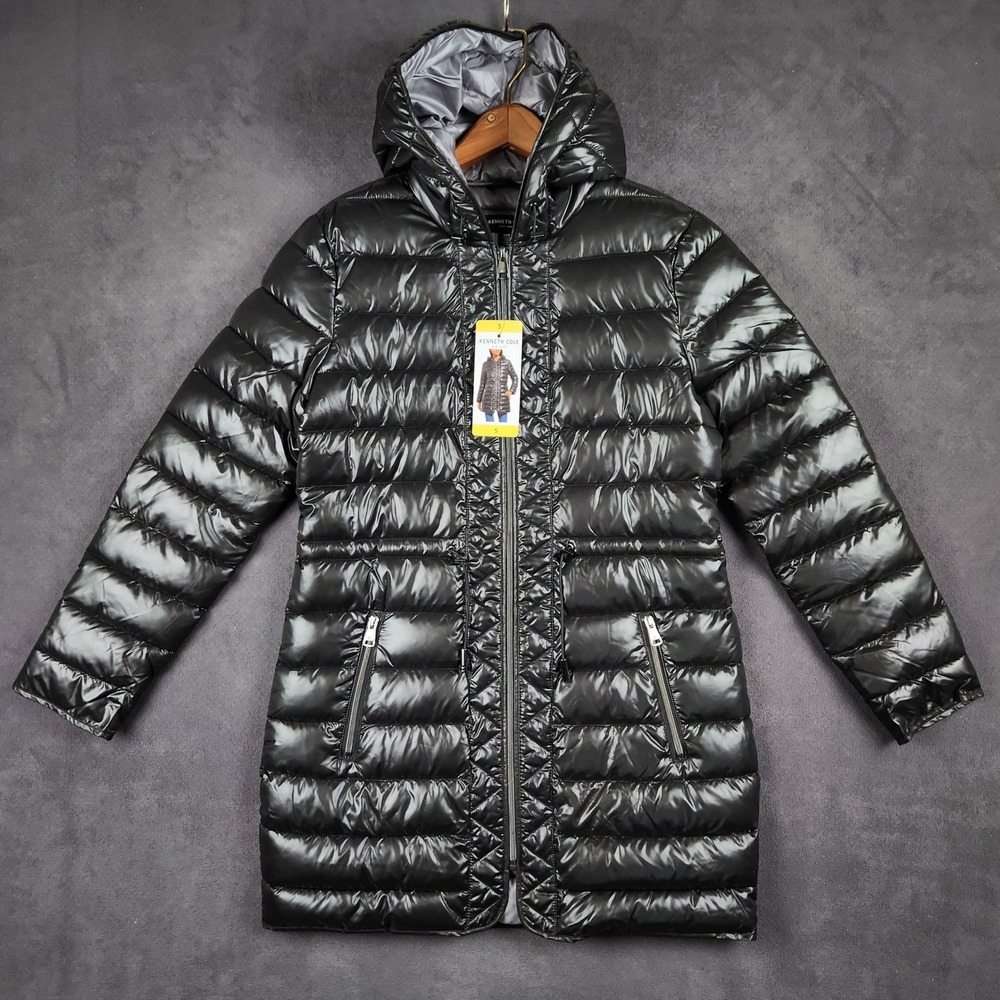 Kenneth Cole Long Puffer Coat Womens Small Black Hooded Quilted Full Zip NEW